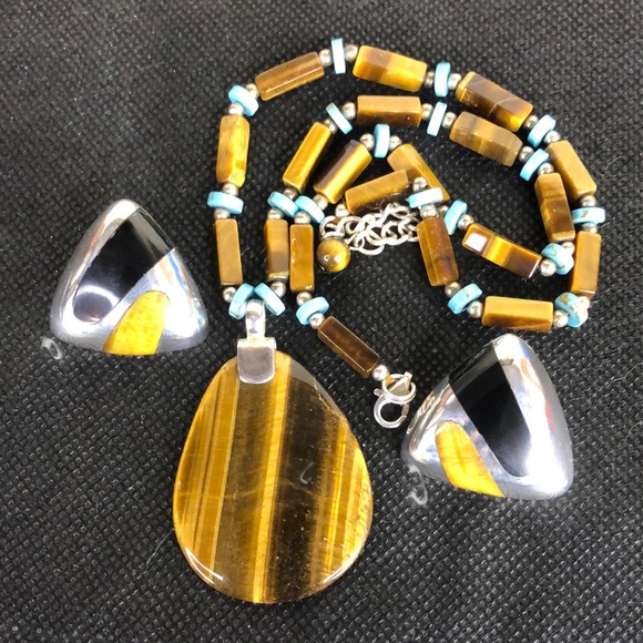 MEXICAN Turquoise Tigers Eye Black Onyx Sterling Silver 950 / 925 Jewelry Set - Picture 1 of 17
